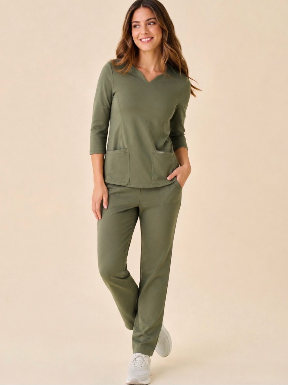 Jaanuu Olive Scrub Set S Top XS Pants Knit Twill - Picture 1 of 16